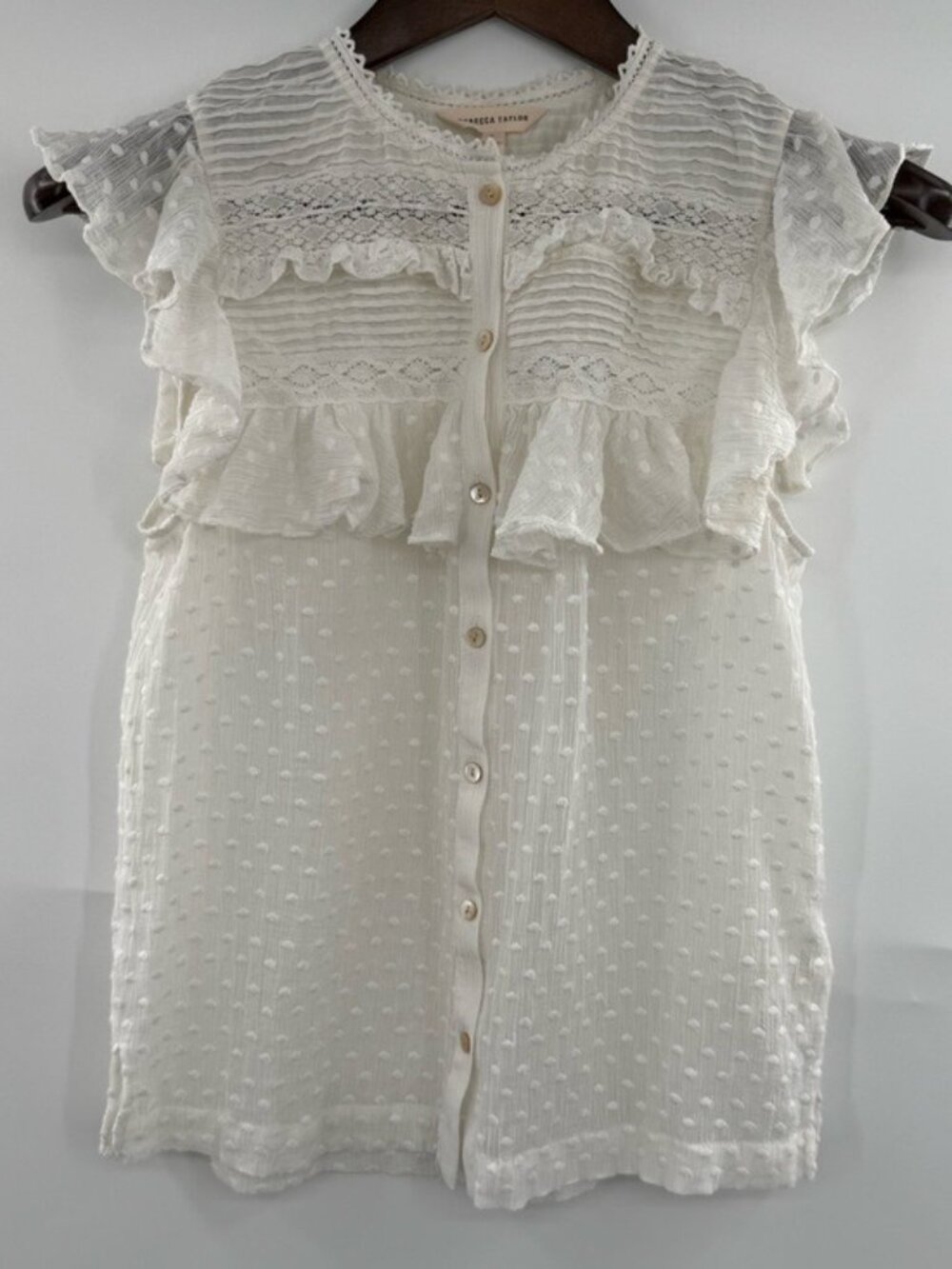Rebecca Taylor Blouse White Swiss Dot Silk Cotton Lace Ruffle Top Size 2 Boho